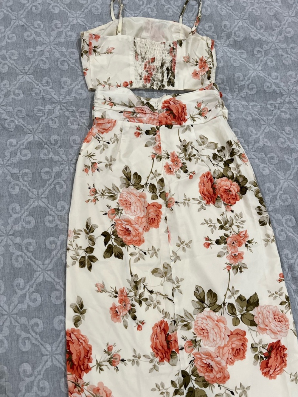 SHEIN Cream Midi Dress with Coral Floral Print and Waist Tie- 2 Piece Set - Picture 4 of 7